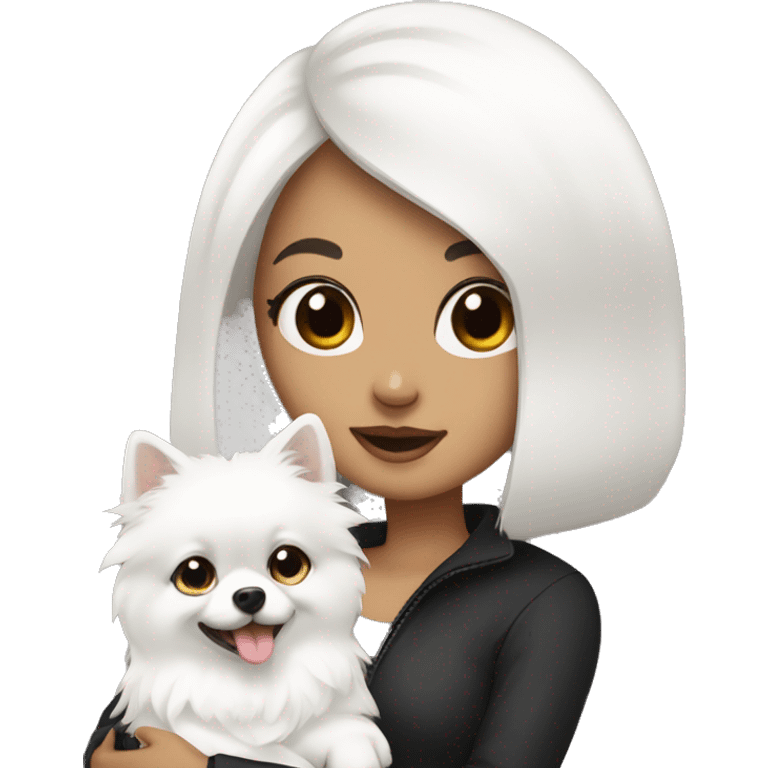 A girl with black hair holding a white Pomeranian  emoji