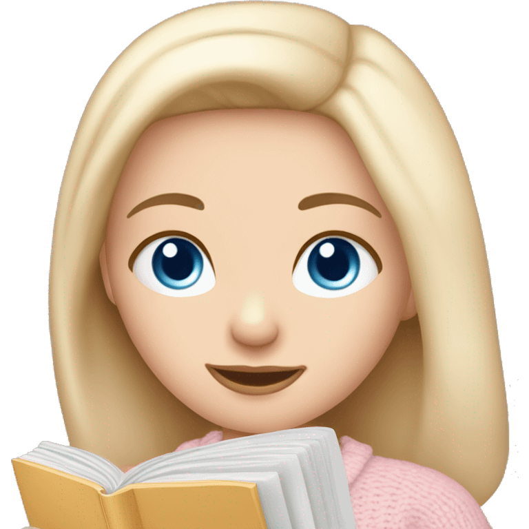 Pretty blue eyed white girl with light pink sweater reading cozy emoji