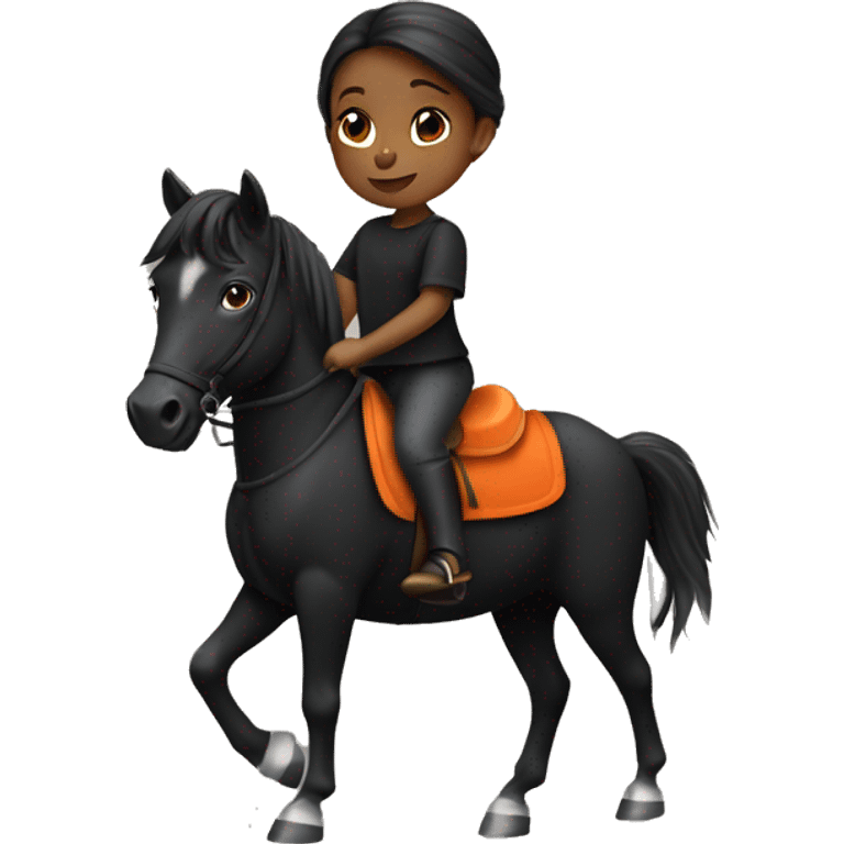 A little girl with orange pants on and a black shirt riding a black horse  emoji