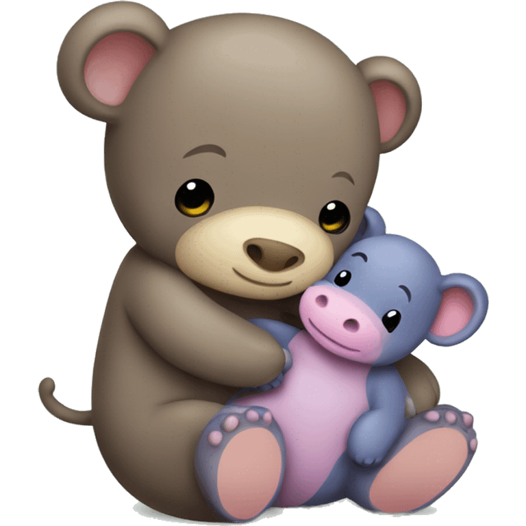 brown teddy bear hugging a baby hippo emoji