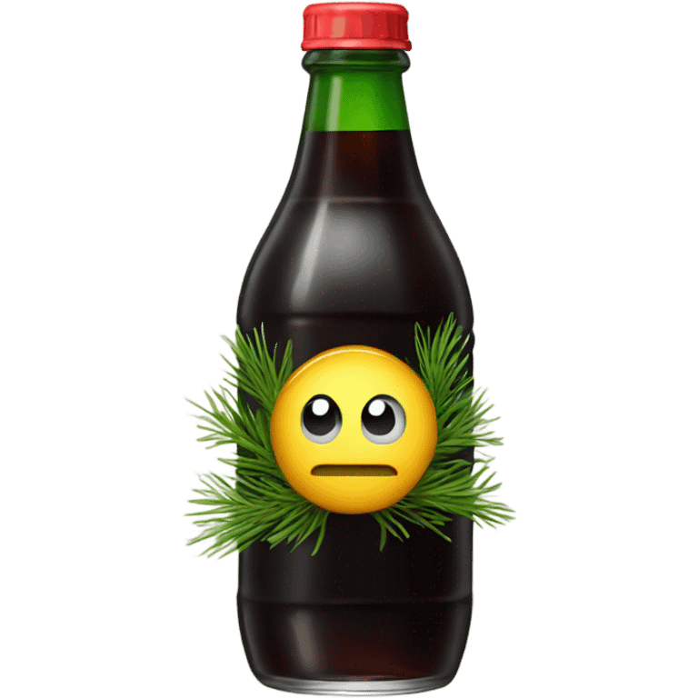 a glass bottle of dark soda with pine needles emoji