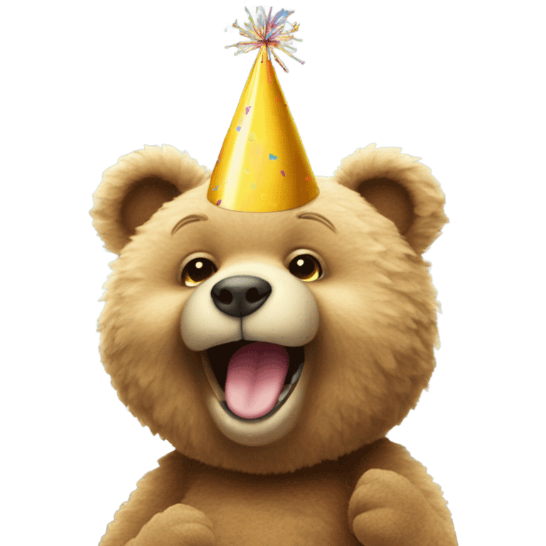 Cute teddy bear wearing a party hat and blowing a party horn emoji