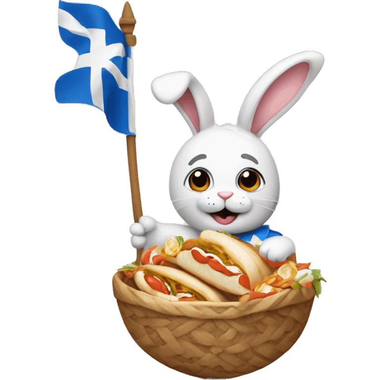 Easter bunny wearing a Greek flag holding a gyros emoji