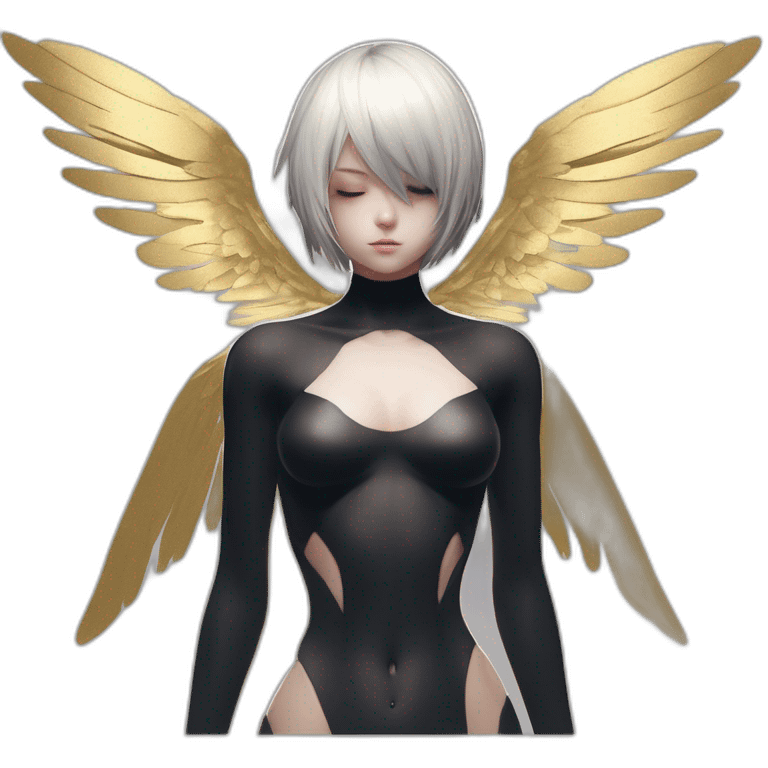 nier automata 2b, david bellemere, Bare belly, Wings, Choker, Bathed in shadows, FOV 90 degrees, short lighting, L USM, Cold Colors, gilded technique, extremely hyper aesthetic, absurdres emoji