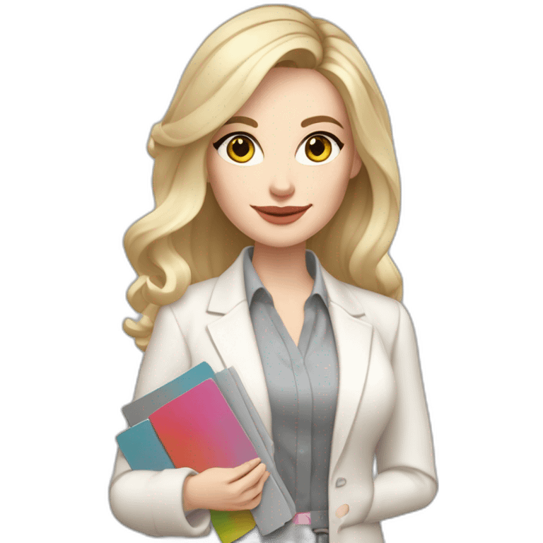 pale skin woman interior designer with cold blonde middle length hair, gray eyes, White classical jacket, blouse, Gray skirt holding a color palette in the hands emoji