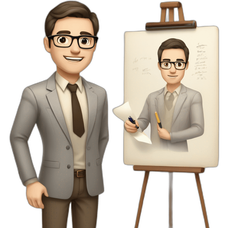 Pale skinned fit man with dark brown hair in gray jacket, beige office shirt, brown tie, brown pants and vintage glasses Writing text on a marker board emoji