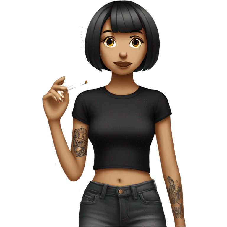 skinny girl with bob haircut smoking cigarette, she is wearing black t-shirt and has lotus tattoo on her shoulder emoji