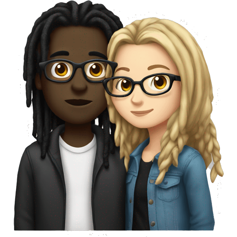 a white girl wearing glasses kissing a black boy with dreads emoji