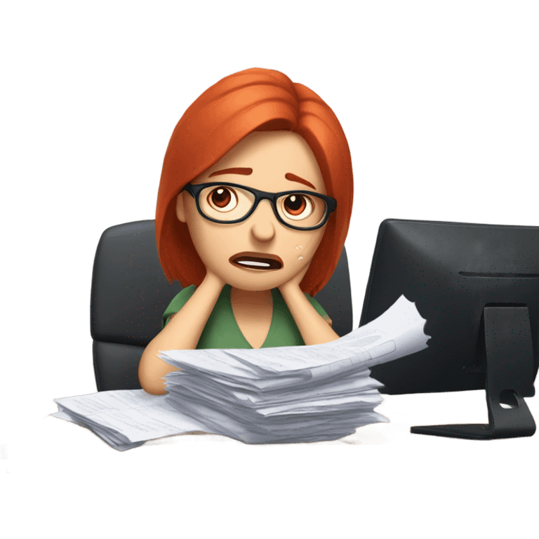 red hair woman wearing glasses crying frustrated desk monitor stack paper emoji