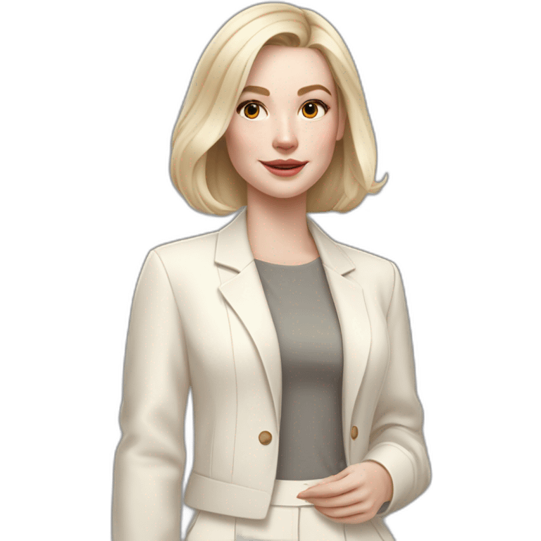 pale skin woman with ash blonde Straightened bob Hair, White Spacious classical jacket, beige palazzo Arrow pants and gray blouse holding white IPhone 14 pro in the hands emoji