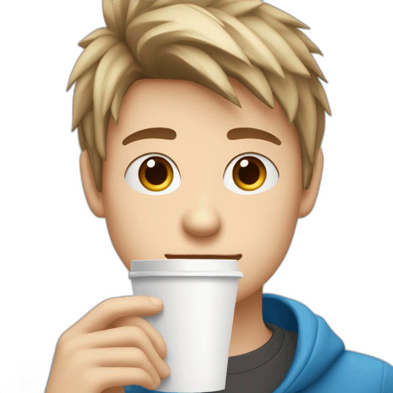 white blue eyed teen boy with dark blonde spiky hair stands with a disposable white cup of coffee in his hands emoji