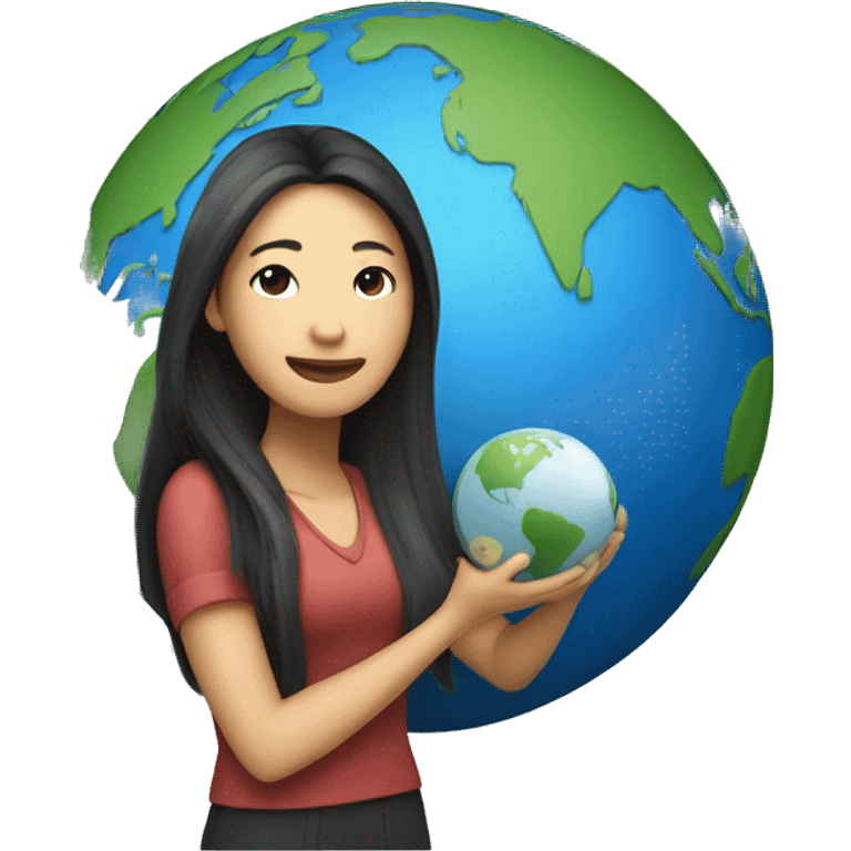 A long-haired Asian woman holding a universal studio globe emoji