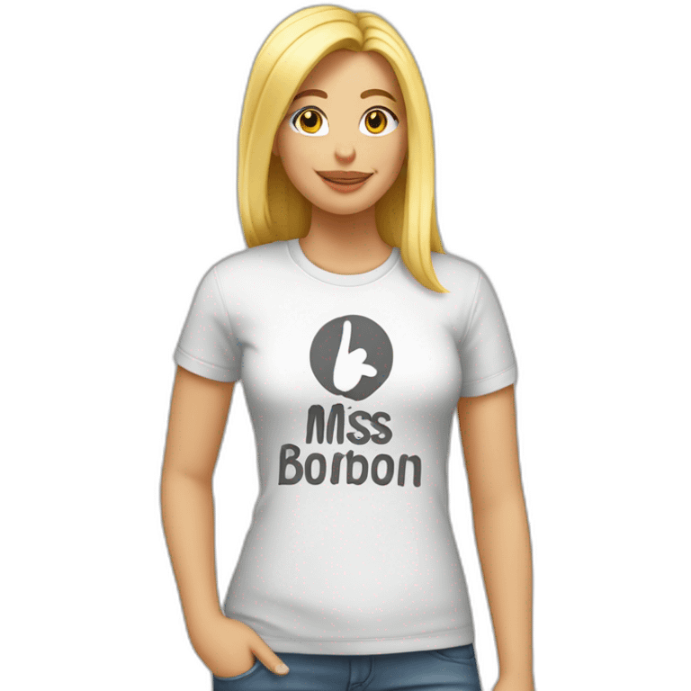 A blonde making the peace sign and wearing a t-shirt with the text "Miss Bourbon" emoji