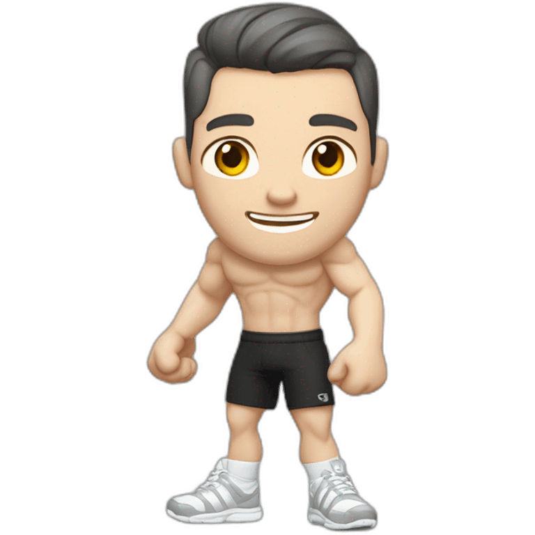 Pale skinned Fit Man With the biceps and dark brown hair in black shirt, gray sports shorts and white Sneakers Relies on the crossbar emoji