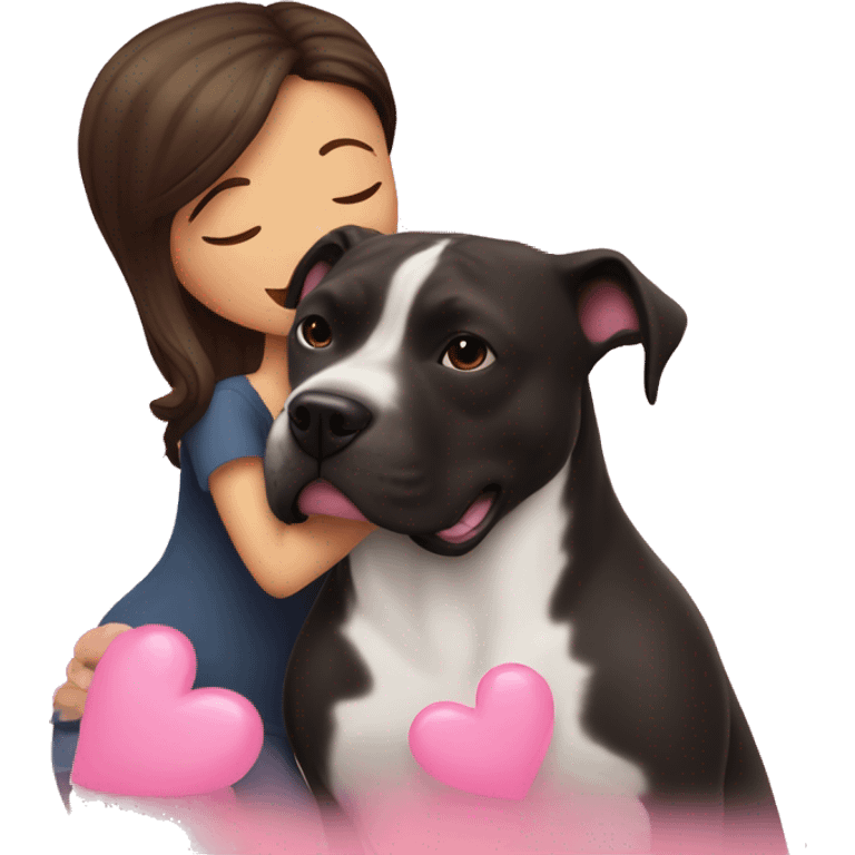 Brunette kissing big black pitbull dog, pink hearts emoji