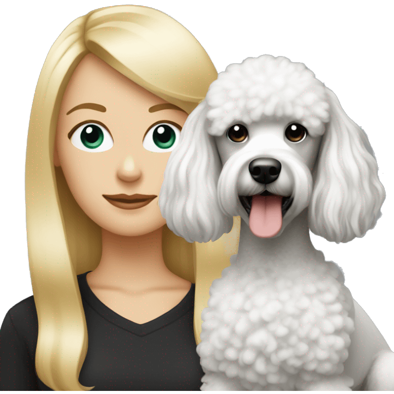 white woman with long blonde hair alongside a black & white colored poodle dog  emoji