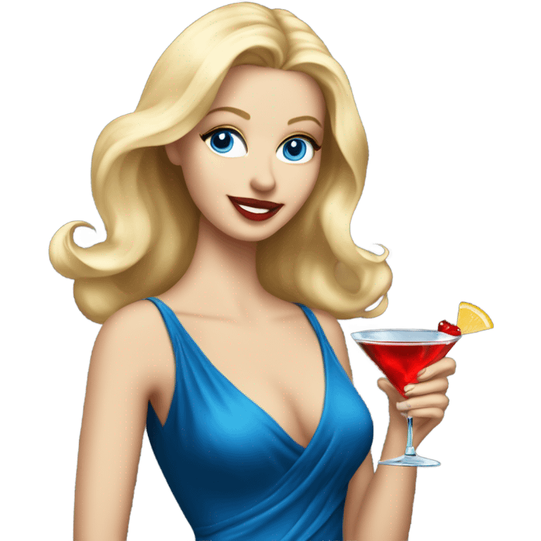 Beautiful blonde white woman with blue eyes and red dress dancing with martini emoji