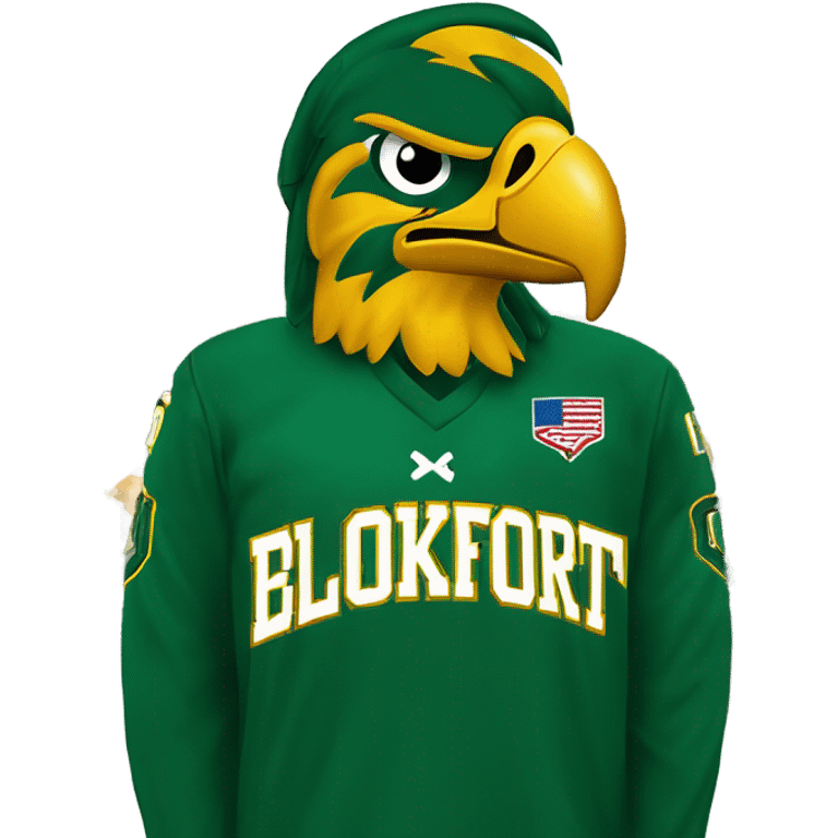 the state university of new york college at brockport's mascot Ellsworth the golden eagle, green beak, green jersey, yellow lettering with "brockport" written on front, in front of a christmas tree emoji