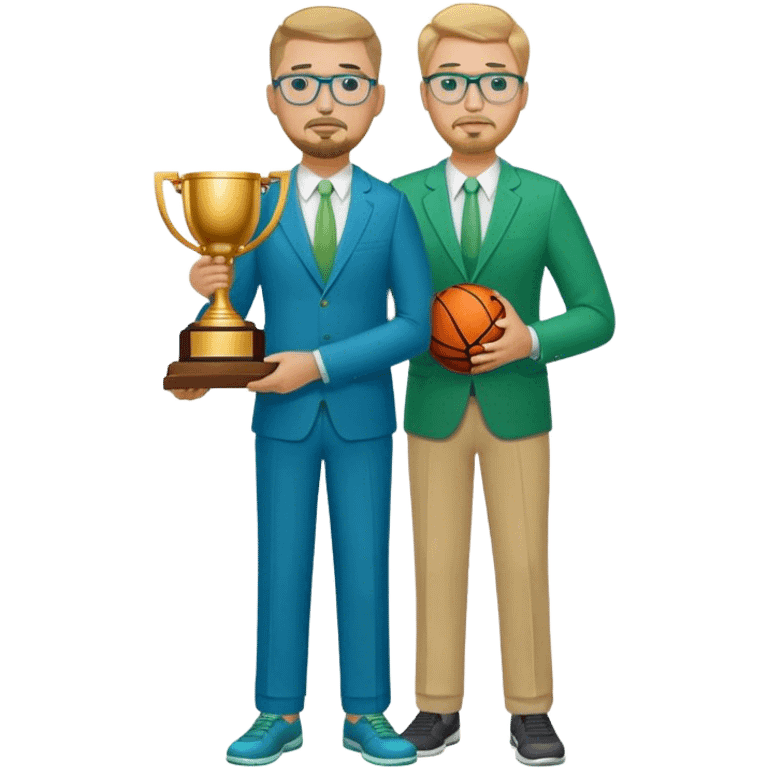 Full Body white plus size man  wearing glasses with a goatee with dirty blond short hair basketball head Coach in blue and green suit holding trophy emoji