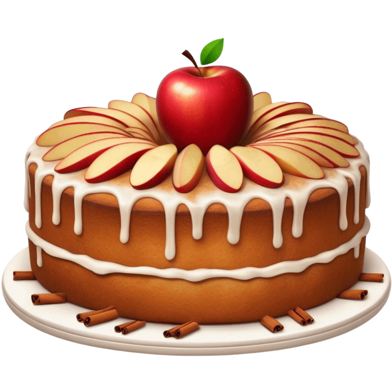 Cinematic Realistic Apfelkuchen Dessert Emoji, depicted as a classic apple cake bursting with cinnamon and apples rendered with soft textures and warm, inviting lighting. emoji