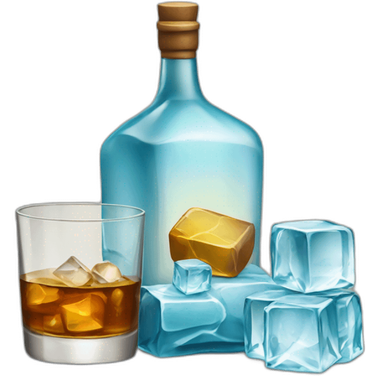 Rum bottle with a glass filled with rum and some blocks of ice emoji