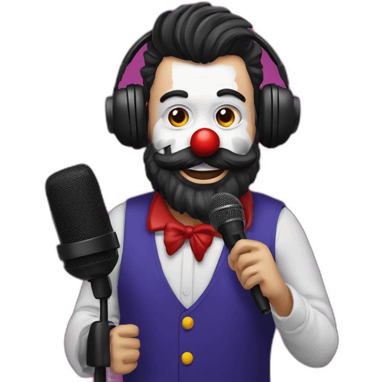 radio presenter with black beard and with a microphone on his hand dressed as a silly clown emoji