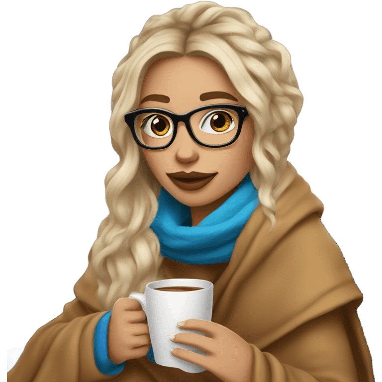 Balayage hair Girl drinking coffee, with a cozy blanket wearing glasses with blue eyes beautiful  emoji