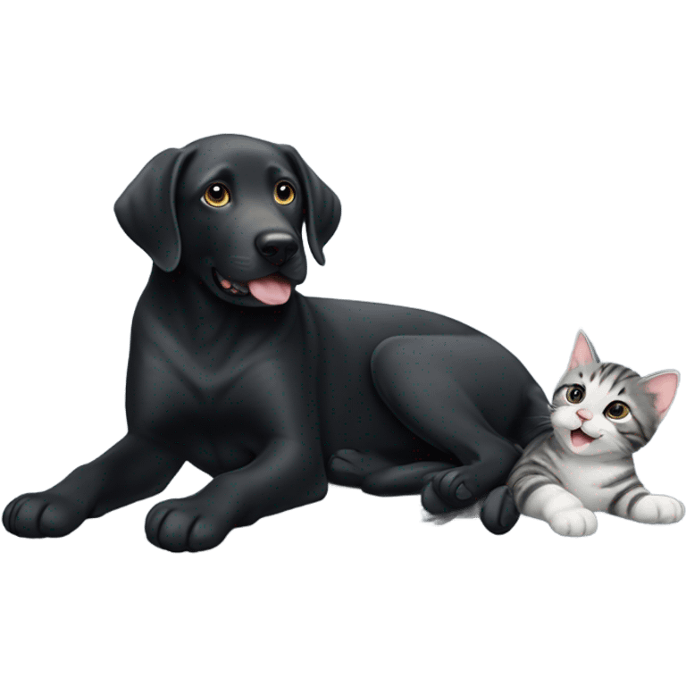 Black lab with grey tabby kitten with white legs playing with the labs tail emoji