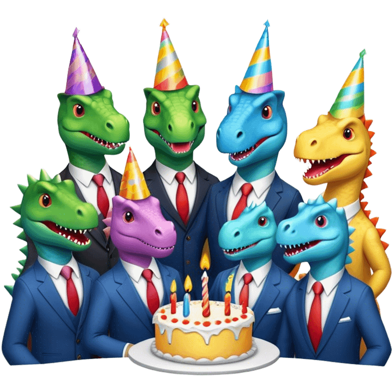 office dinosaurs in suits celebrating birthday emoji