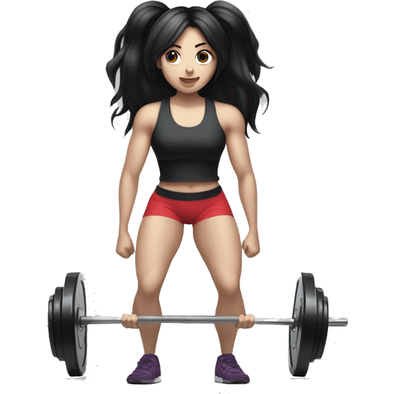 Pale girl with long black hair lifting weights deadlift emoji