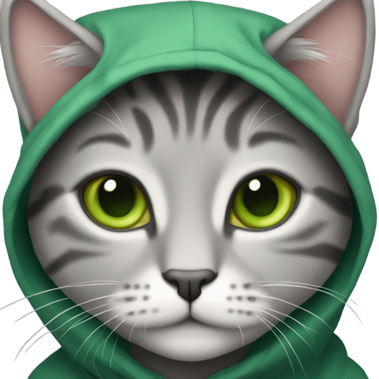 Grey tabby cat with green eyes wearing a hoodie emoji