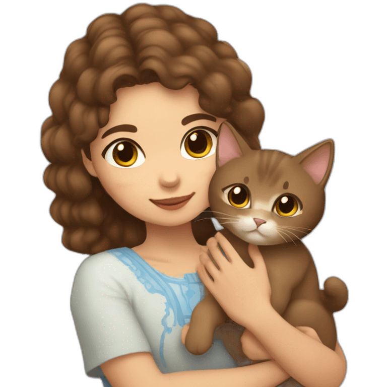 Light skin kabyle girl with brown hair and eyes petting a fluffy brown cat emoji