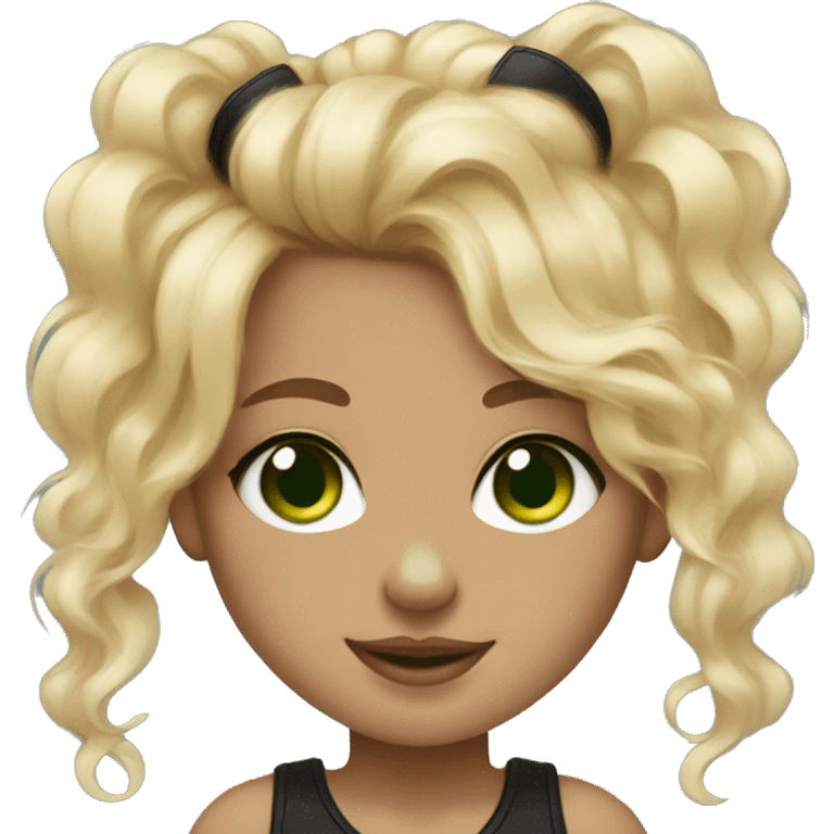 Girl with curly and blonde hair, with green eyes, two nose piercings with a black and white Pomerania  emoji