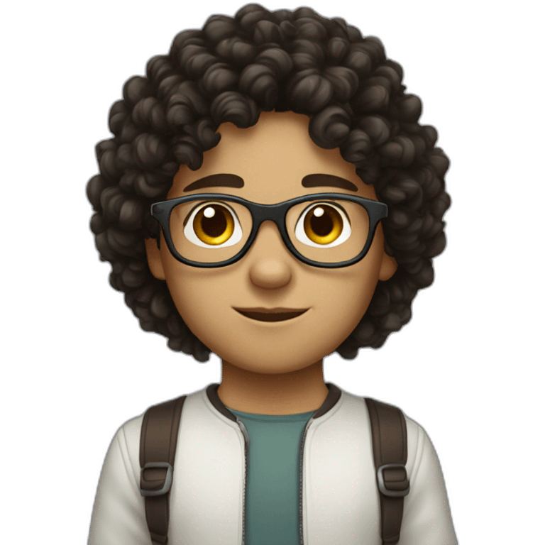 boy with dark brown curly hair, glasses and white emoji