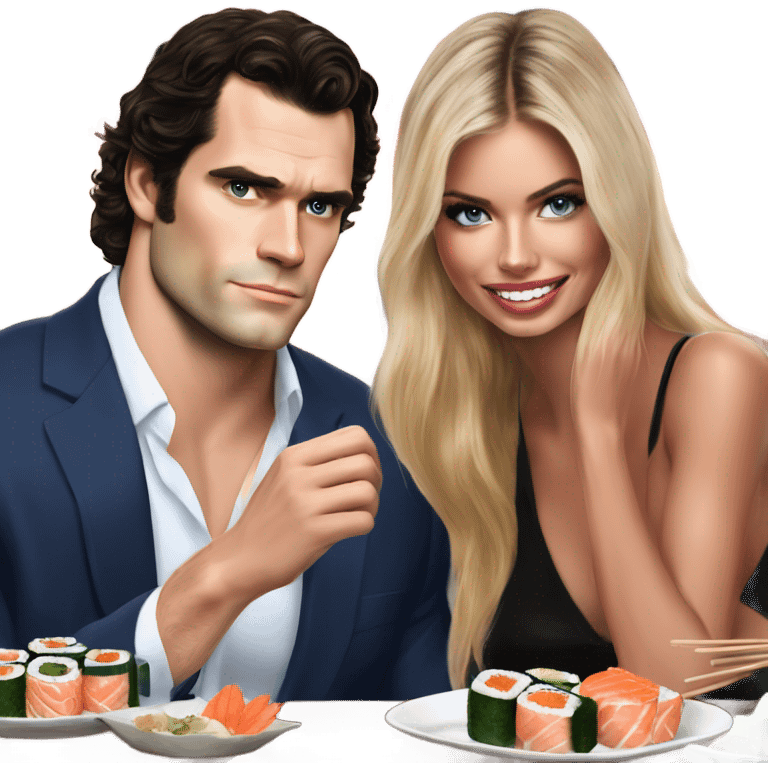 realistic photo of Henry Cavill with a beautiful  victoria secret model on a sushi date emoji