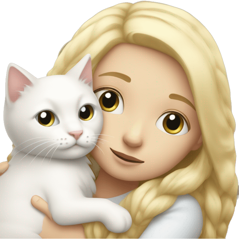 Blonde girl snuggling fluffy white cat emoji