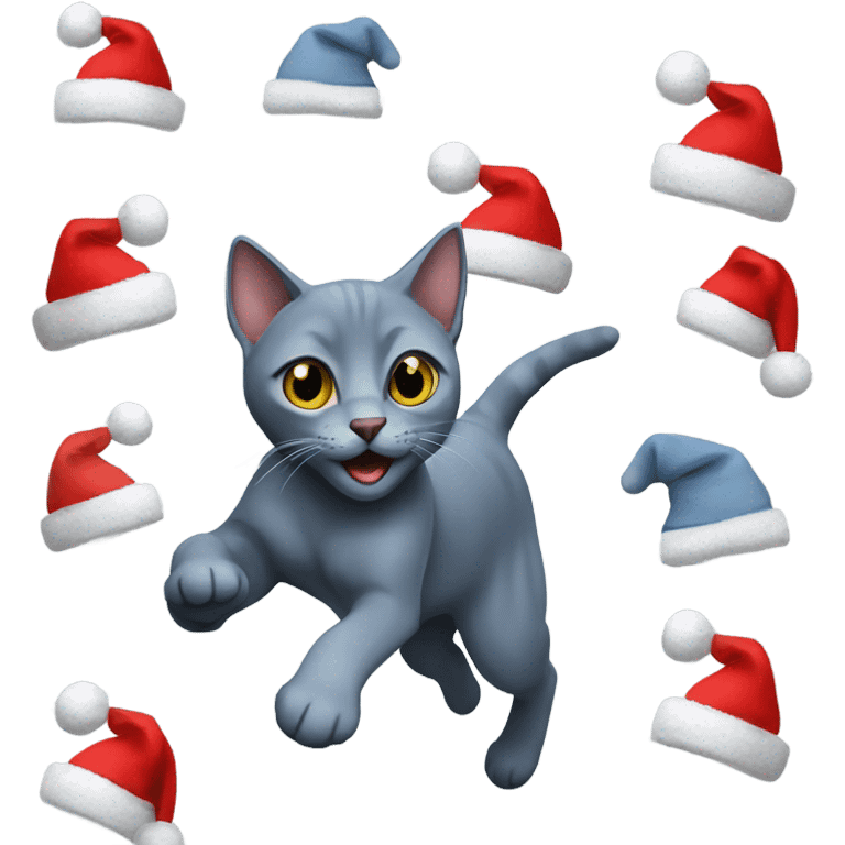 Running Russian blue cat wearing a Santa hat  emoji