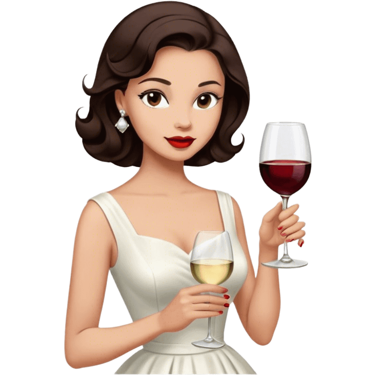 Beautiful woman in 1950’s woman fashion look, white dress, long hair, wine, dark brown hair emoji