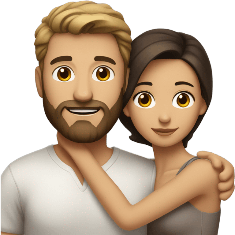 Dark haired white man with beard hugging beautiful woman with medium tan skin and short dark brown hair  emoji