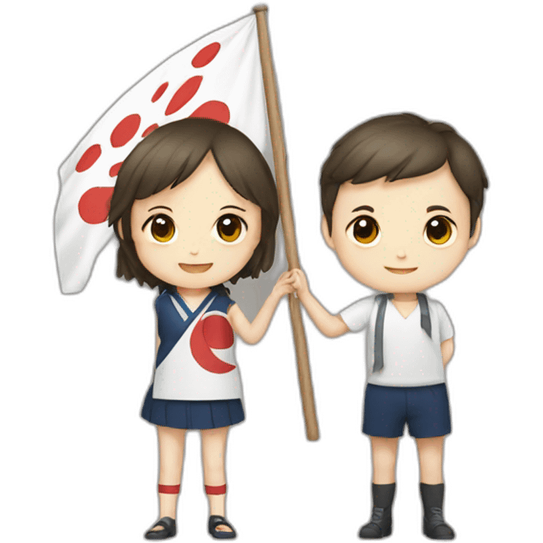 boy and girl holding Japanese flag emoji