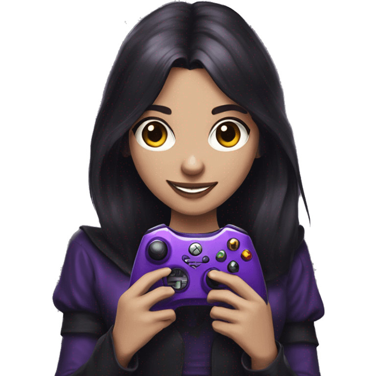 Brunette gothic gaming girl smiling holding a purple Xbox controller emoji