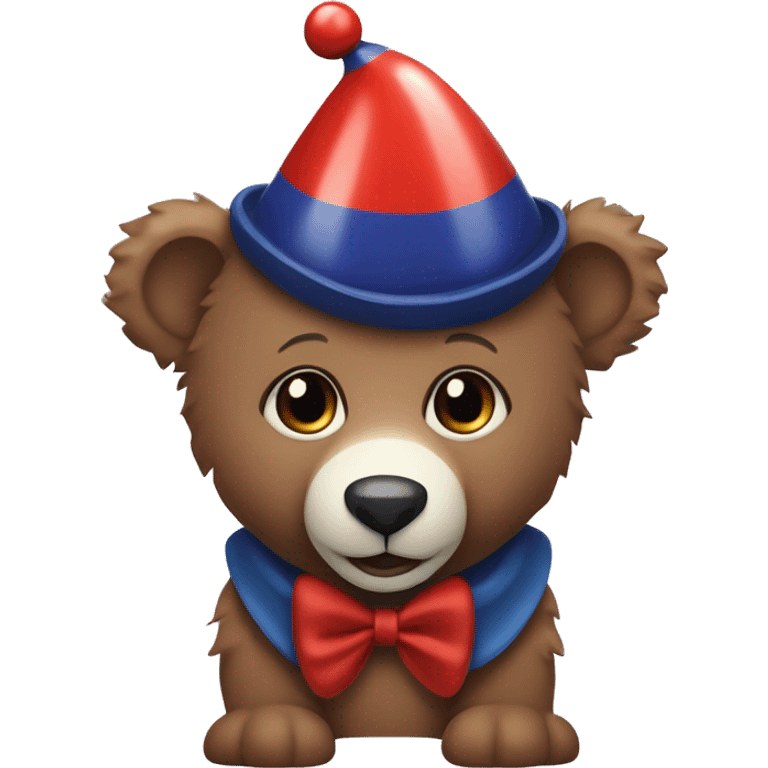 Brown baby bear. Wearing jester collar and a clown hat. The clown accessories are Red, Navy, And white. emoji