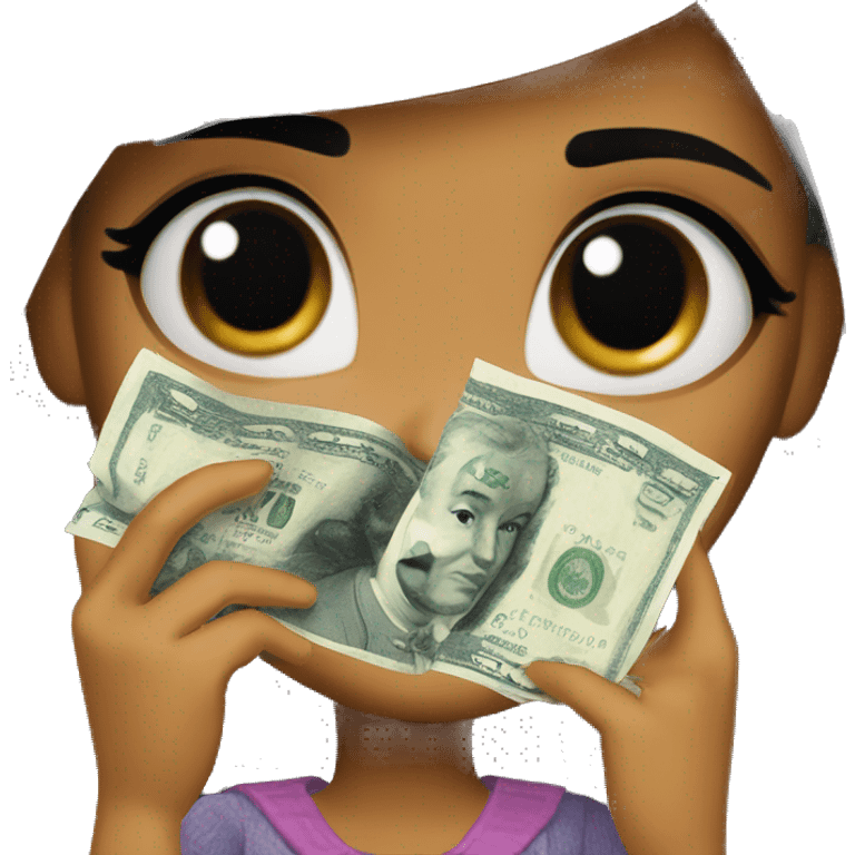 Black hair bratz girl wipes away tears with a banknote emoji