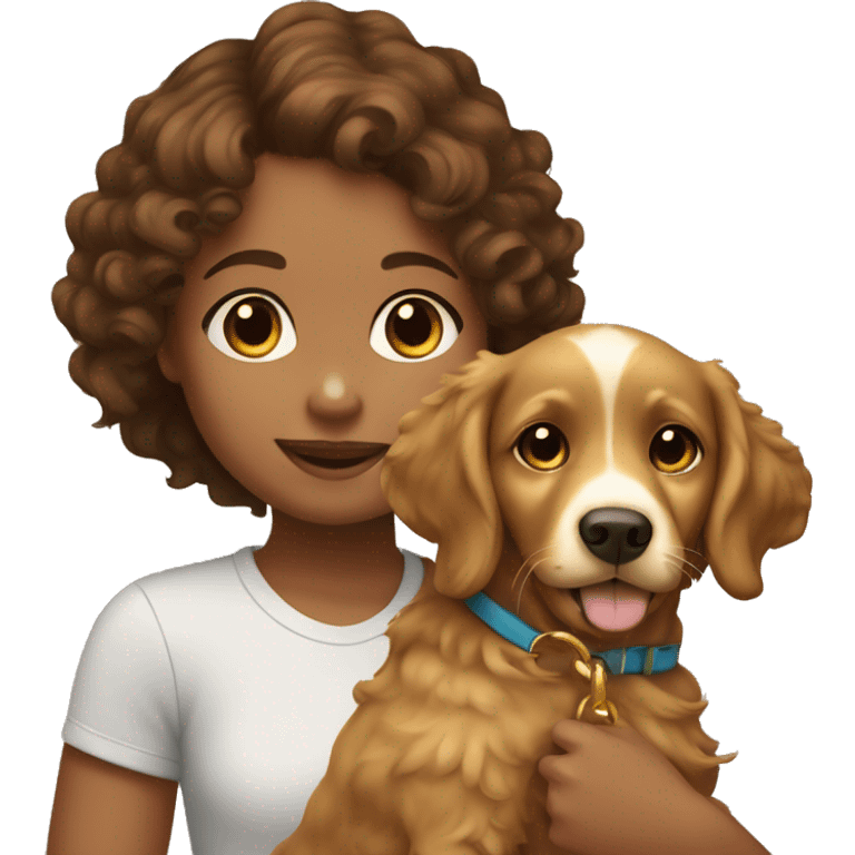 Tan skinned girl with  brown curly hair with a golden retriever puppy emoji