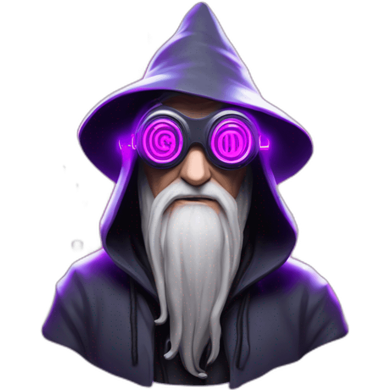 Gandalf wearing a black hoodie with "OMG" letters on it and VR headset in a cyberpunk VR environment with violet neon lighting. emoji