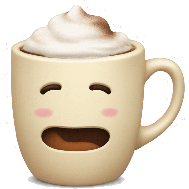 A cream colored mug, with hot coco emoji