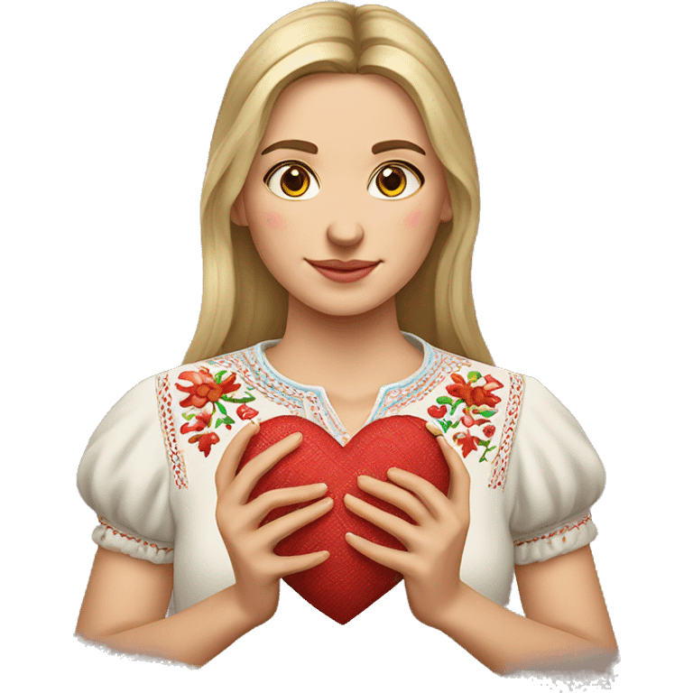 A Ukrainian woman in an embroidered shirt holds a heart in her hands emoji