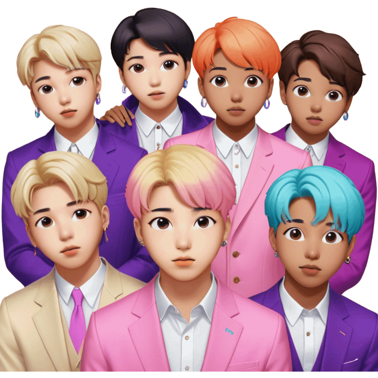 Cinematic Realistic group portrait of BTS featuring all 7 members in stylish modern attire, with detailed facial expressions and vibrant colors, captured in dynamic, contemporary lighting that emphasizes their global pop icon status emoji