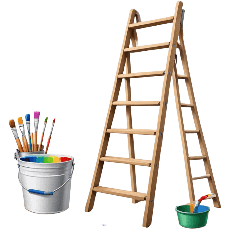 Wall painting icon, wall with an unfinished colourfull painting, no frame, a beautiful mural in progress, visible paintbrushes, rollers, and a bucket of paint, wooden ladder beside, minimalistic style, clean lines, transparent background. emoji