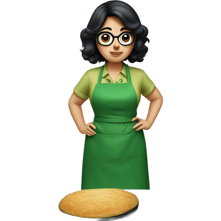 chubby lady with black hair and big eyes green apron  with glasses cooking  emoji